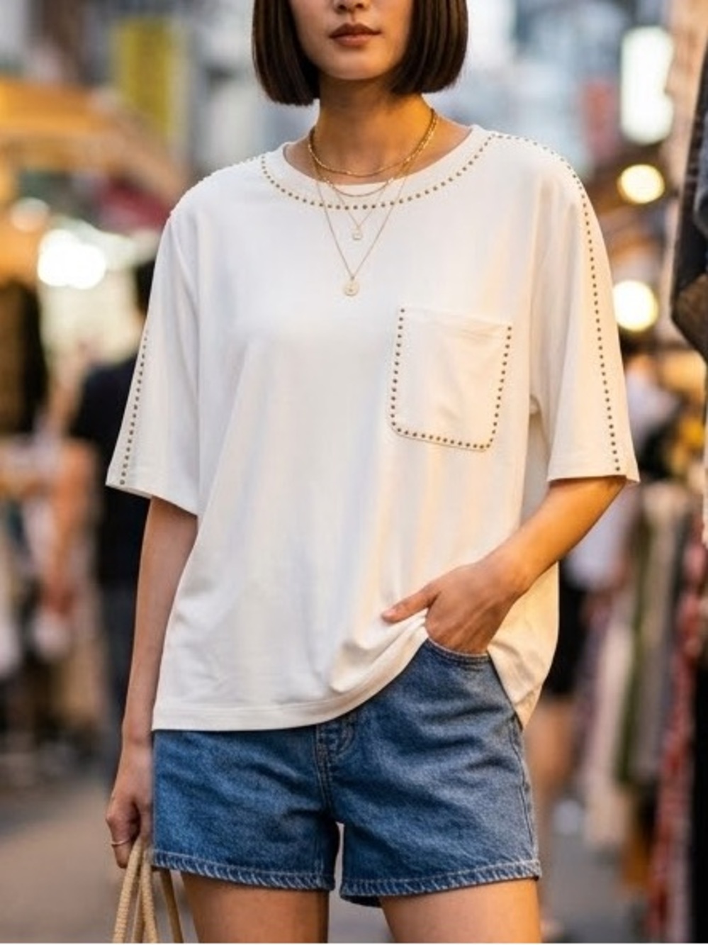 Short Sleeve Pocket Tee with Crystal Studs